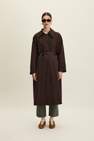 Oversized Belted Gabardine Trench Dark Brown