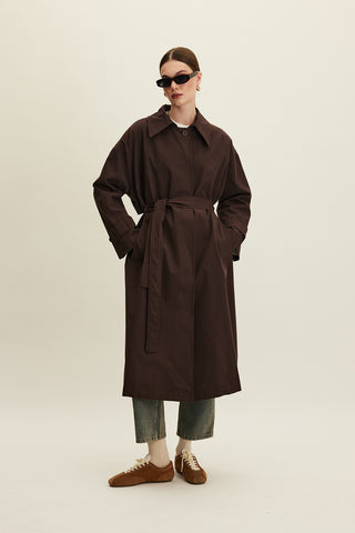 Oversized Belted Gabardine Trench Dark Brown