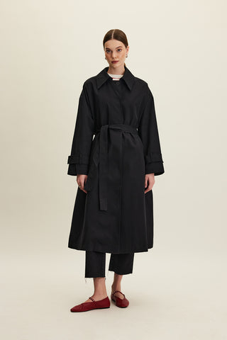 Oversized Belted Gabardine Trench Black