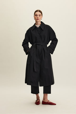 Oversized Belted Gabardine Trench Black