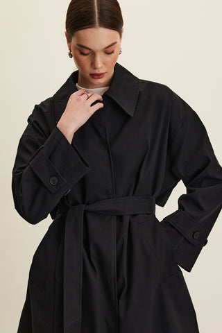 Oversized Belted Gabardine Trench Black