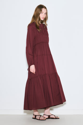 Ruched Tie Long Sleeve Dress Burgundy