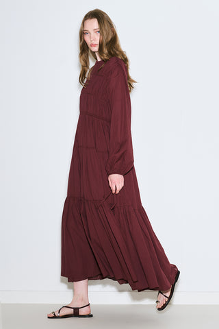 Ruched Tie Long Sleeve Dress Burgundy