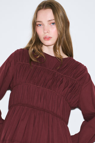 Ruched Tie Long Sleeve Dress Burgundy