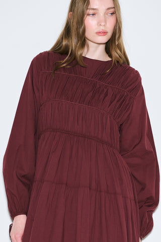 Ruched Tie Long Sleeve Dress Burgundy