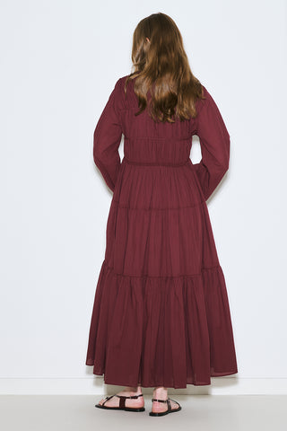 Ruched Tie Long Sleeve Dress Burgundy
