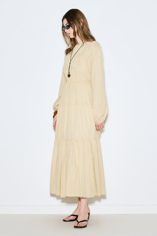 Ruched Tie Long Sleeve Dress Pastel Yellow