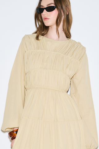 Ruched Tie Long Sleeve Dress Pastel Yellow