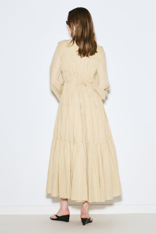Ruched Tie Long Sleeve Dress Pastel Yellow