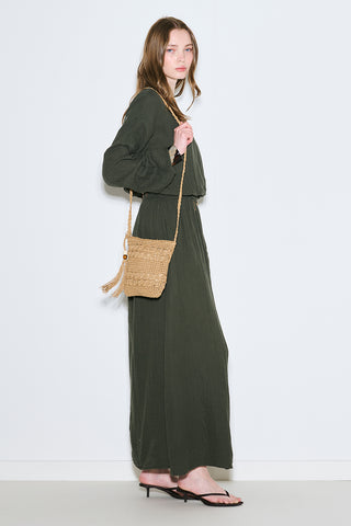 Muslin Gathered Waist Dress Dark Green