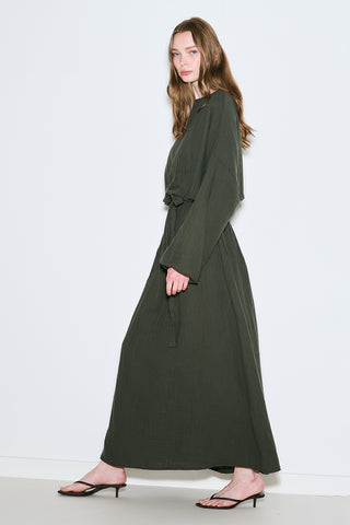 Muslin Gathered Waist Dress Dark Green