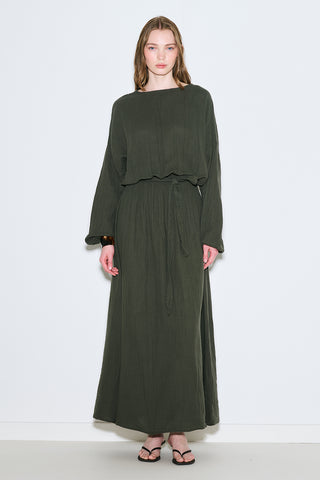 Muslin Gathered Waist Dress Dark Green