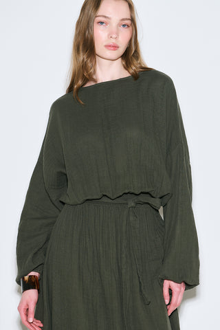 Muslin Gathered Waist Dress Dark Green
