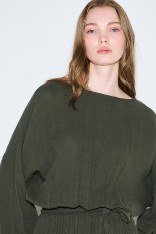 Muslin Gathered Waist Dress Dark Green