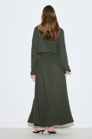 Muslin Gathered Waist Dress Dark Green