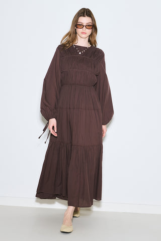 Ruched Tie Long Sleeve Dress Brown