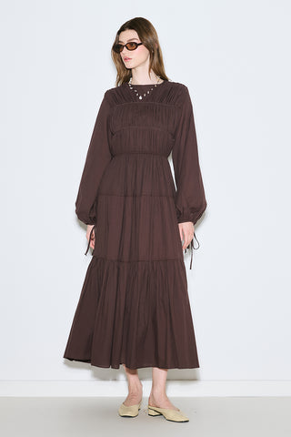 Ruched Tie Long Sleeve Dress Brown