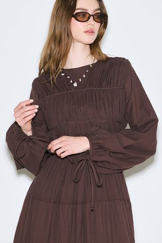 Ruched Tie Long Sleeve Dress Brown