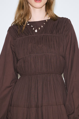 Ruched Tie Long Sleeve Dress Brown