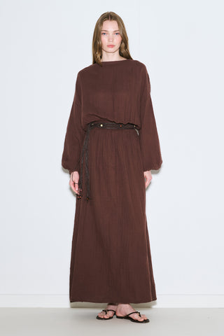 Muslin Gathered Waist Dress Brown