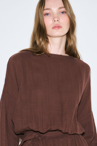 Muslin Gathered Waist Dress Brown