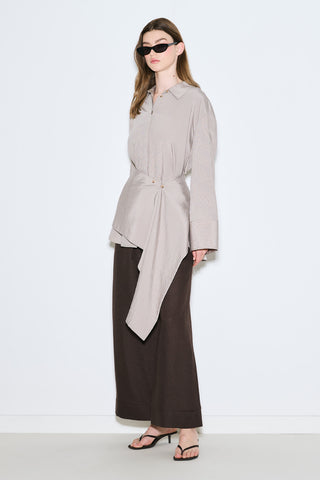 Belt Detail Striped Shirt Grey
