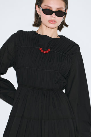 Ruched Tie Long Sleeve Dress Black