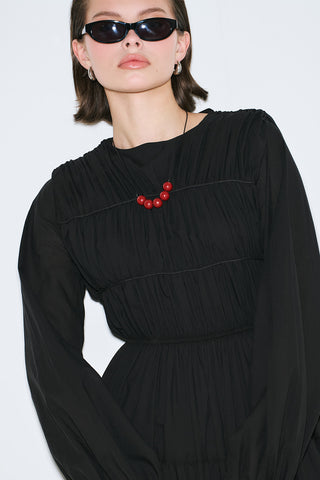 Ruched Tie Long Sleeve Dress Black