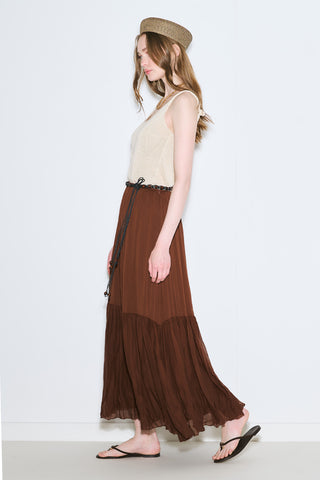 Crushed Pleated Maxi Skirt Brown