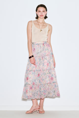 Ruched Chiffon Maxi Skirt Pastel Floral