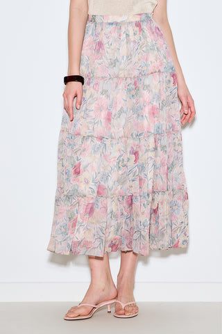 UZUN BÜZGÜLÜ ŞİFON ETEK PASTEL FLORAL