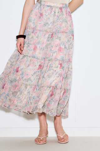 UZUN BÜZGÜLÜ ŞİFON ETEK PASTEL FLORAL