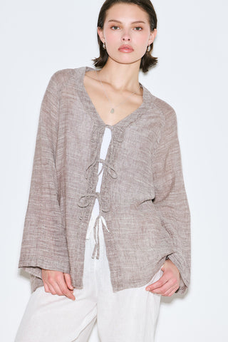 Tie-Front Linen Blend Blouse Brown