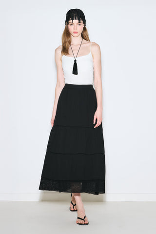 Embroidered Tiered Maxi Skirt Black