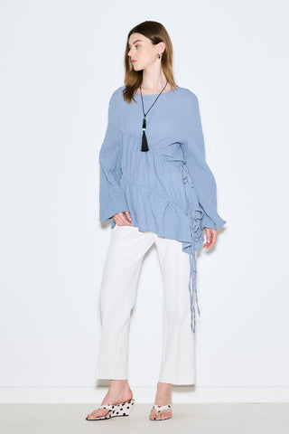 Ruched Tie Textured Tunic Blue