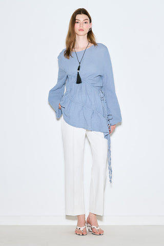 Ruched Tie Textured Tunic Blue