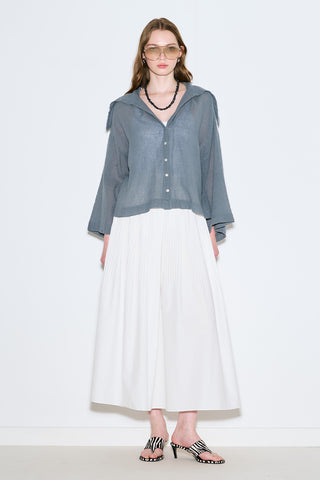 Linen Blend Wide-Collar Shirt Blue