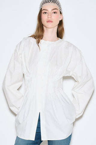 Long-Sleeve Pleated Blouse Ecru