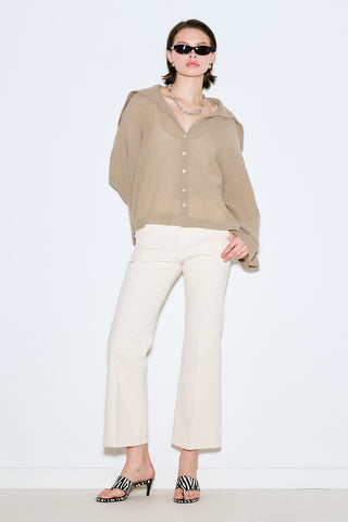 Linen Blend Wide-Collar Shirt Khaki