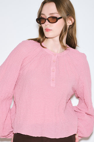 Textured Button-Neck Blouse Pink