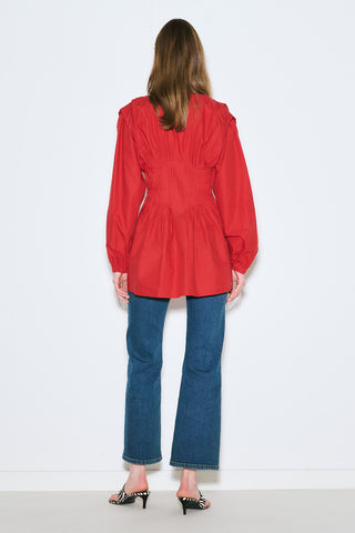 Long-Sleeve Pleated Blouse Red