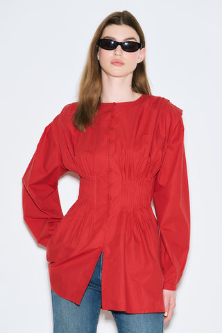 Long-Sleeve Pleated Blouse Red
