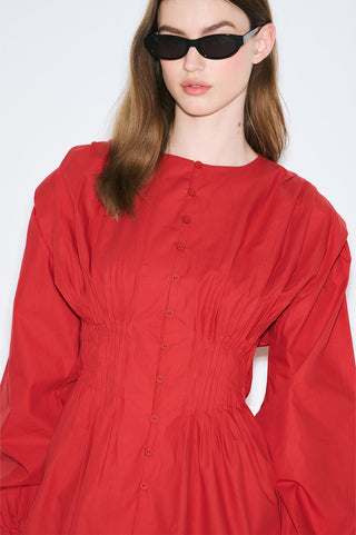 Long-Sleeve Pleated Blouse Red