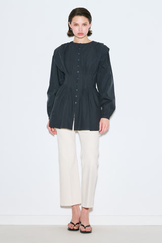 Long-Sleeve Pleated Blouse Navy Blue