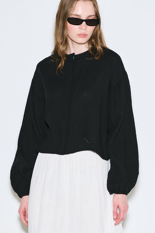 Muslin Puff-Sleeve Crop Blouse Black