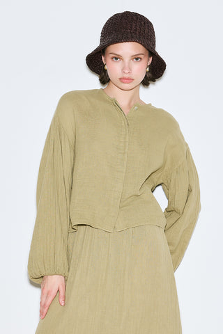 Muslin Puff-Sleeve Crop Blouse Sage Green
