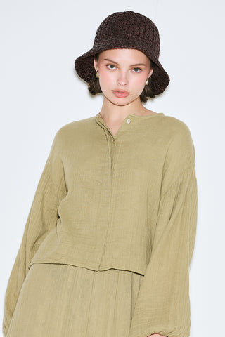 Muslin Puff-Sleeve Crop Blouse Sage Green