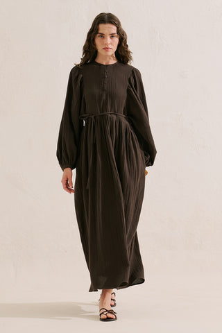 Muslin Voluminous Maxi Dress Dark Brown Dark Brown / S/M