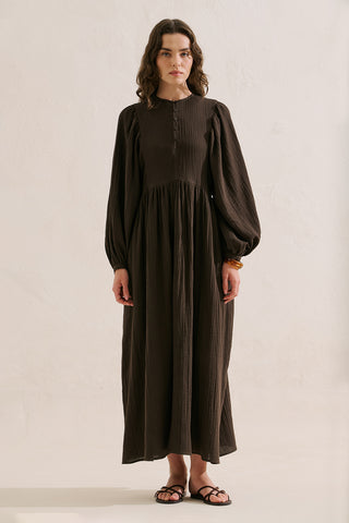 Muslin Voluminous Maxi Dress Dark Brown
