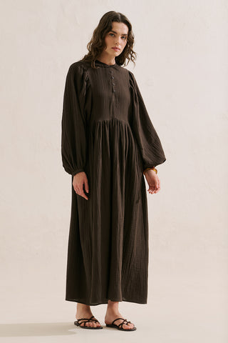 Muslin Voluminous Maxi Dress Dark Brown
